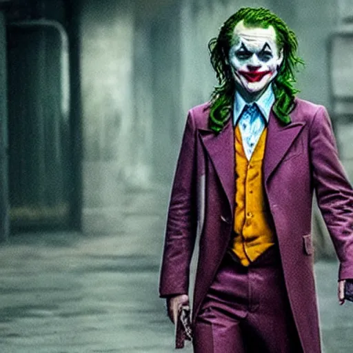 Prompt: The Joker (2019) wearing a transparent raincoat