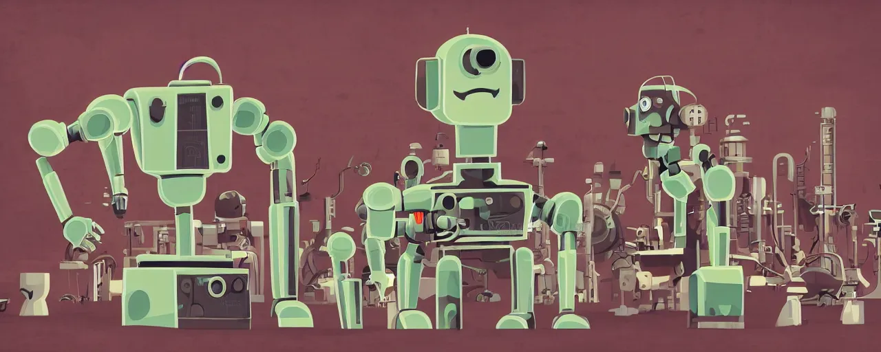 Prompt: Robot factory, cute, brutal styling art deco