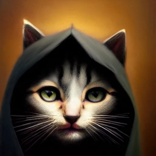 Image similar to a portrait of a kitten wearing a black hood, cloak covering face, anatomically correct, beautiful perfect face, enigmatic, oil painting, matte, black background, Volumetric dynamic lighting, Highly Detailed, Cinematic Lighting, Unreal Engine, 8k, HD, by Beksinski