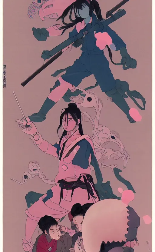 Prompt: Artwork by James Jean, Phil noto and hiyao Miyazaki ; (1) a young Japanese future samurai police lady named Yoshimi battles an (1) enormous evil natured carnivorous pink robot on the streets of Tokyo; Japanese shops and neon signage; crowds of people running; Art work by Phil noto and James Jean and studio ghibli