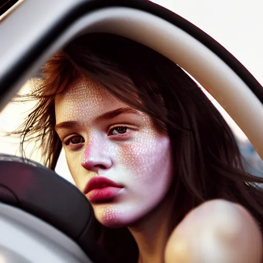 Prompt: beautiful hyperrealism hyperdetailed selfie of a cute young woman sitting in her car, flushed face, red blush, light freckles, puffy lips, soft features, 8 k, sharp focus, art by irakli nadar