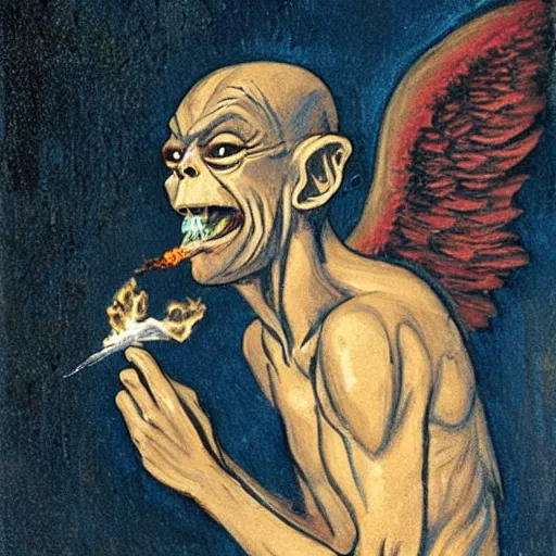 Image similar to gollum with angel wings flying with cig in mouth, thunderstorm, rain, sad,