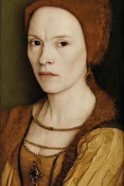 Prompt: portrait of juliette lewis, oil painting by jan van eyck, by hans holbein, northern renaissance art, old masters, alla prima, realistic, expressive emotions, intricate textures, illusionistic detail, masterpiece