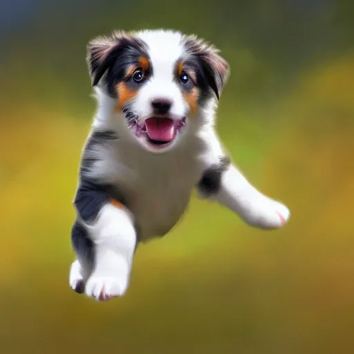 Prompt: digital painting of an Australian shepherd puppy playing fetch