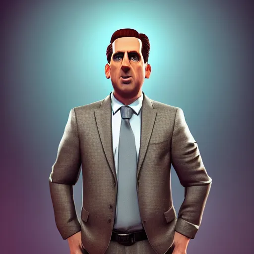 Image similar to hyperdetailed 3 d cartoon render of michael scott in a confident expressive pose, white background, low angle shot, cinematic studio lighting, studio quality, octane render, unreal engine 5, trending on artstation, 8 k