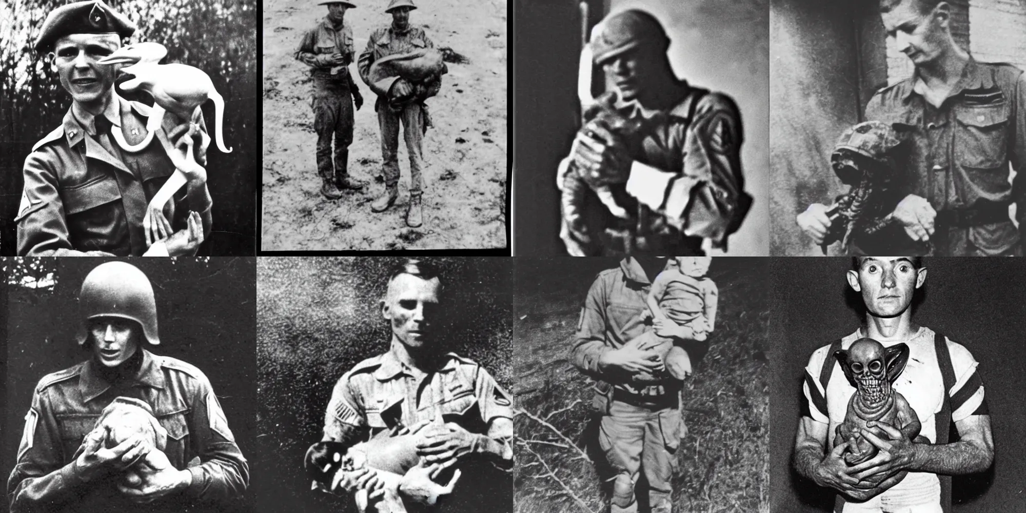 Prompt: declassified picture of a soldier holding a dead alien, black and white old picture from 1 9 3 0, very disturbing, realistic, dark, enigmatic, mysterious, abomination