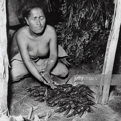 Image similar to a maori woman prepares weta bugs for eating outside her whare in the 1 9 4 0's.