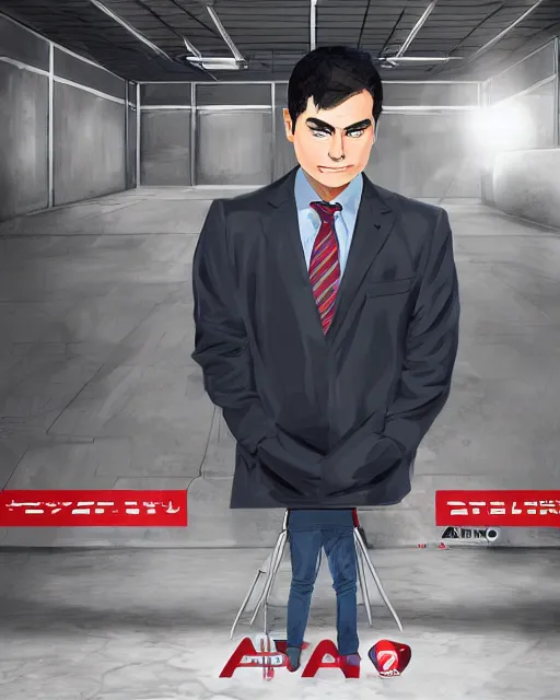 Prompt: Digital state-sponsored anime art of Ben Shapiro by A-1 studios, serious expression, empty warehouse background, highly detailed, spotlight