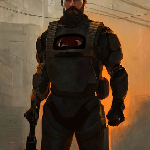 Image similar to a potrait of Henry Cavill as Gordon Freeman in half-life 2 with full armory by Greg Rutkowski, Sung Choi, Mitchell Mohrhauser, Maciej Kuciara, Johnson Ting, Maxim Verehin, Peter Konig, Zack Snyder, 8k photorealistic, cinematic lighting, HD, high details, dramatic, trending on artstation, full body shot