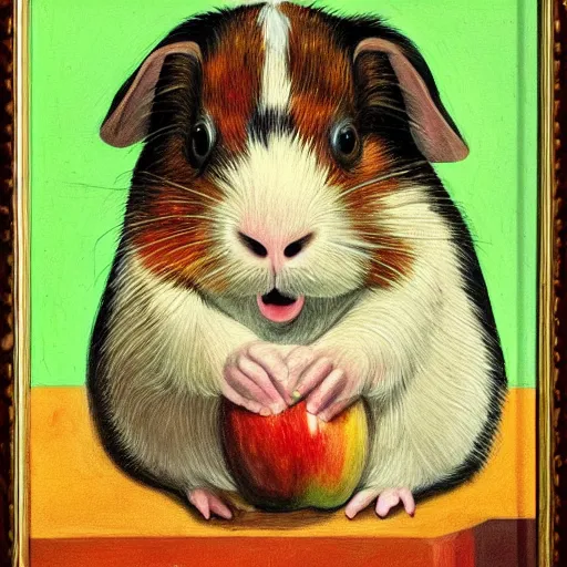 Prompt: a guinea pig eating an apple slice in the style of Richard Bergh