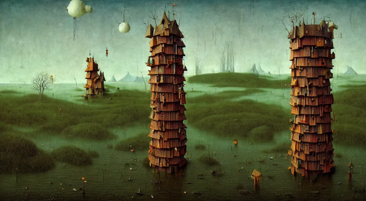 Image similar to single flooded simple fungus wooden tower, very coherent and colorful high contrast ultradetailed photorealistic masterpiece by matthias jung franz sedlacek hieronymus bosch gediminas pranckevicius dean ellis simon stalenhag rene magritte, dark shadows, sunny day, hard lighting