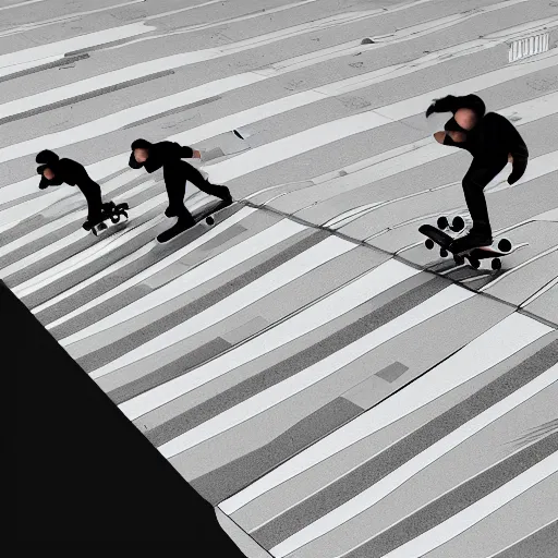 Prompt: skateboarding with friends doing varial flips, in the style of artgerm, Ryoji Ikeda, Riyoko Ikeda, 3d render, artstation trending, 8k, octane render, photorealistic, sharp detail, black and white