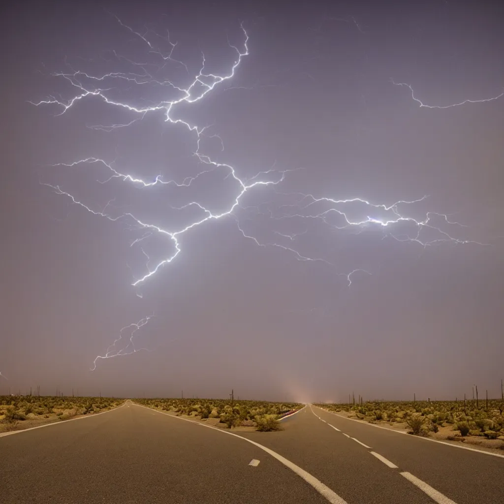 Image similar to photo of road at night desert distant flash of lightning