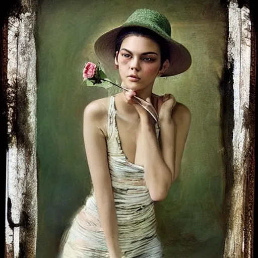 Prompt: happy very thick paint brush strokes paint texture full body very worn out very rusty fashion model kendall jenner by Jeremy Lipking by Hasui Kawase by Richard Schmid ((smokey eyes makeup eye shadow fantasy, glow, shimmer as victorian woman in a long white frilly lace dress and a large white hat having tea in a sunroom filled with flowers, roses and lush fern flowers ,intricate, night, highly detailed, dramatic lighting)) , high quality