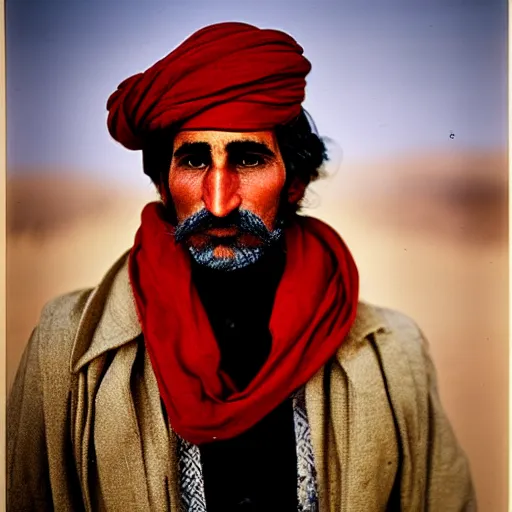 Prompt: portrait of george washington as afghan man, green eyes and red scarf looking intently, photograph by steve mccurry