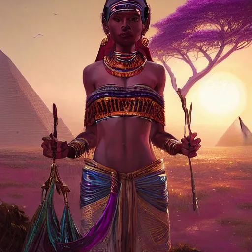 Image similar to highly detailed portrait of an african egyptian goddess, intricate alien technology, stephen bliss, unreal engine, fantasy art by greg rutkowski, loish, rhads, ferdinand knab, makoto shinkai and lois van baarle, ilya kuvshinov, rossdraws, tom bagshaw, global illumination, radiant light, detailed and intricate environment