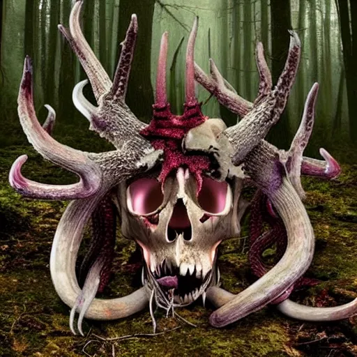 Prompt: creepy realistic photo of tentacles monster with goat skull and antlers in the woods, close up, realistic, forest, detailed death, cracked skull, haunted, purple eyes, nightmare, detailed collage