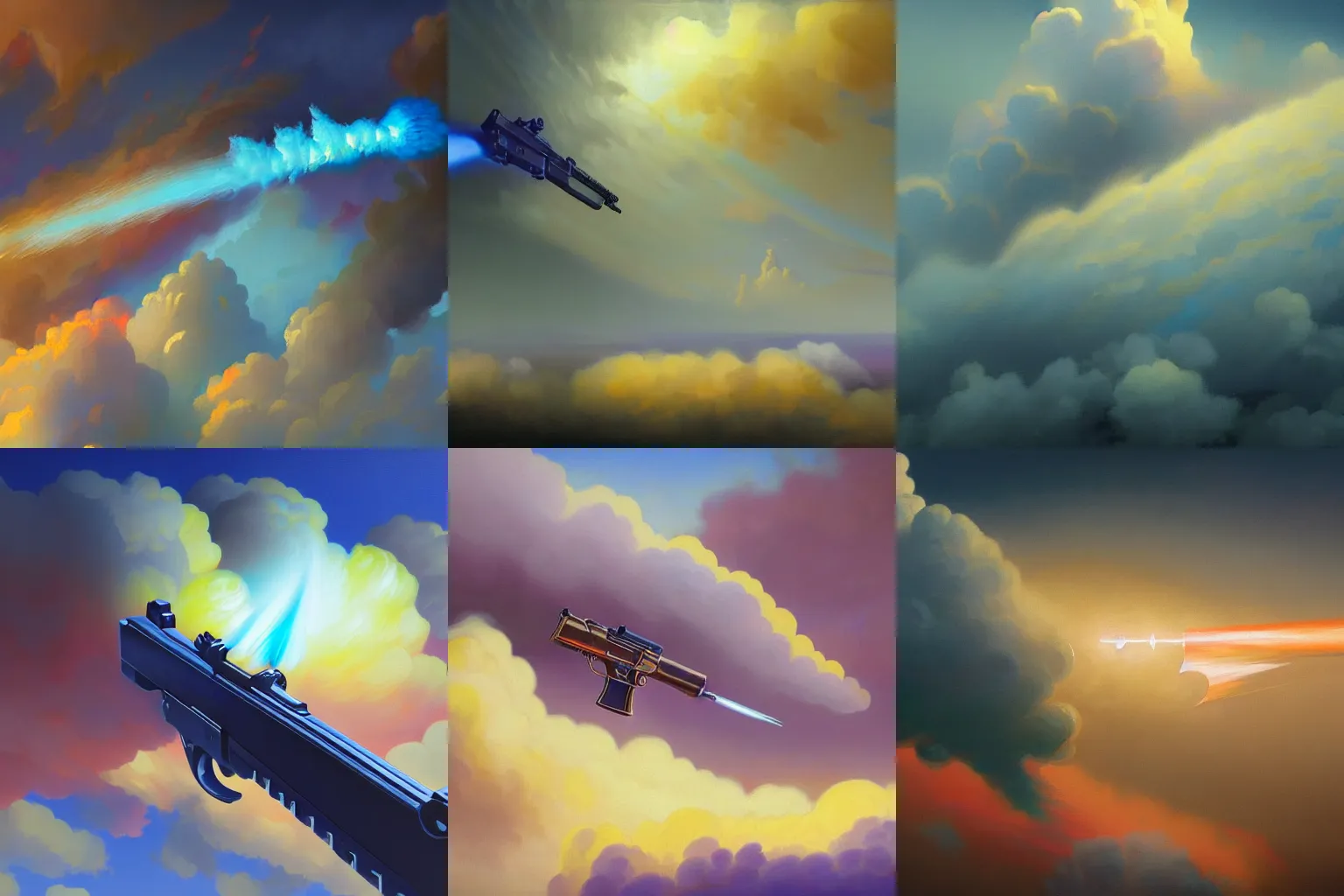 Prompt: a vibrant acrylic close-up full length painting of a riflegun shooting huge cloud from it's muzzle, cloudpunk, weapon, concept art, trending on artstation, Aivazovsky, johannes voss