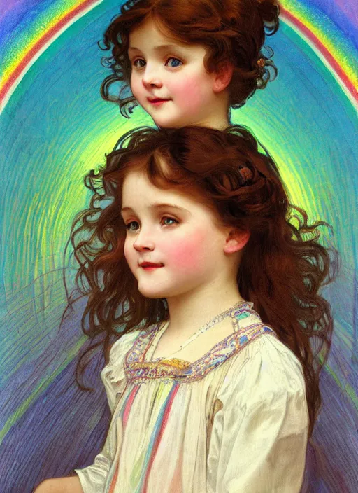 Image similar to a cute little girl with a round cherubic face, blue eyes, and short wavy light brown hair smiles as rainbow colors swirl all around her, chromatic light, rainbow shift. she is wearing a turquoise dress. beautiful painting with highly detailed face by alphonse mucha and artgerm and greg rutkowski