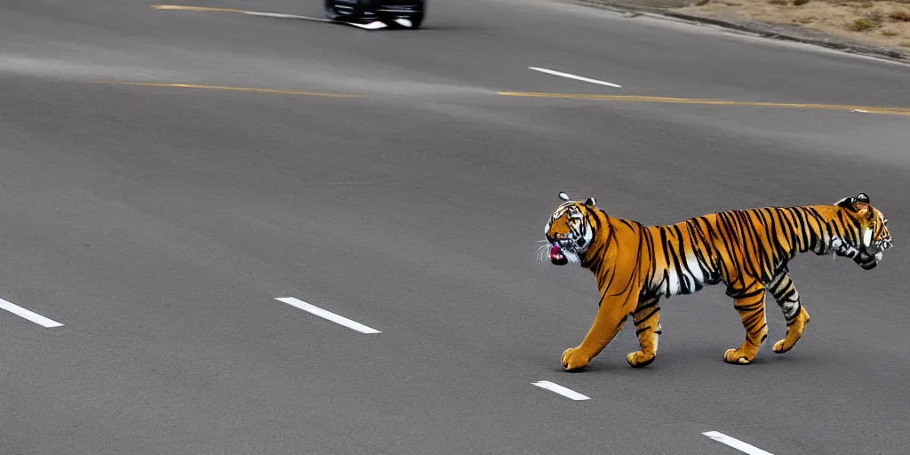 Image similar to tiger king in full speed in a empty street, kieth thomsen