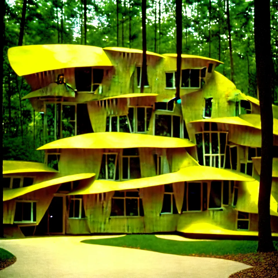 Image similar to a mid-century modern house with big tiles in a forest, designed by Frank Gehry. Film grain, cinematic, yellow hue
