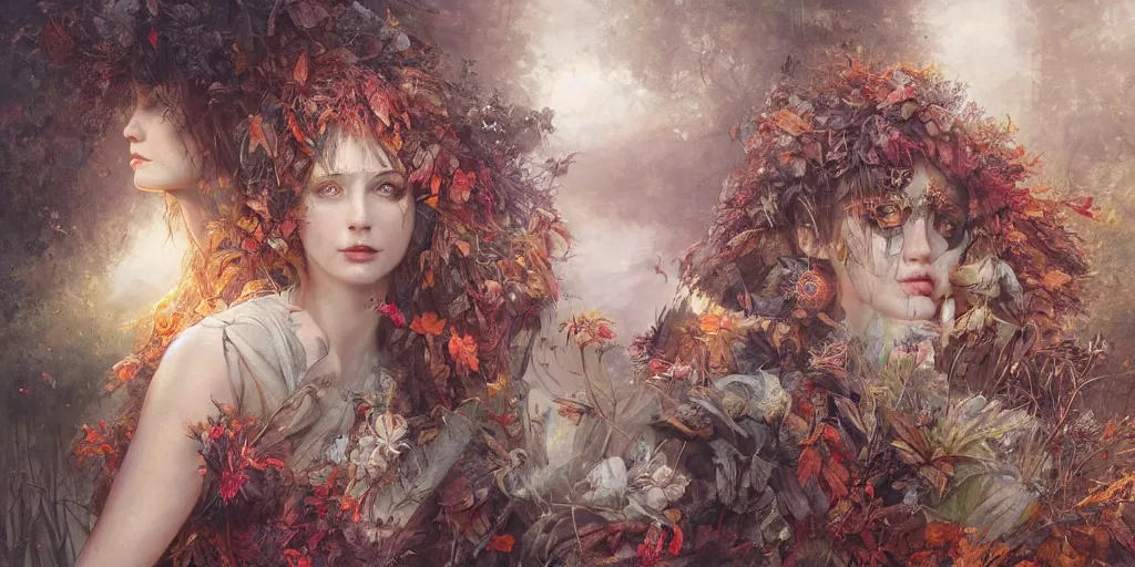 Image similar to breathtaking detailed concept art painting blend of two goddess of autumn by volegov with anxious piercing eyes, vintage illustration pattern with bizarre compositions blend of plants and stems and leaves by john howe, exquisite detail, extremely moody lighting, 8 k