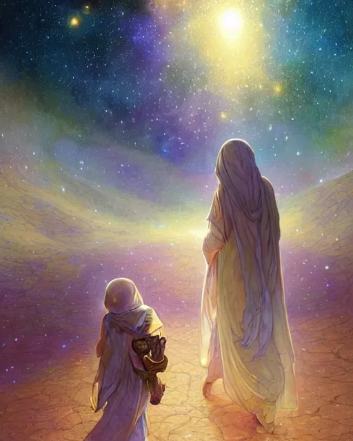 Image similar to bedouin man and woman and child in galaxy walking towards mosque surrounded by nebula, highly detailed, gold filigree, romantic storybook fantasy, soft cinematic lighting, award, disney concept art watercolor illustration by mandy jurgens and alphonse mucha and alena aenami, pastel color palette, featured on artstation