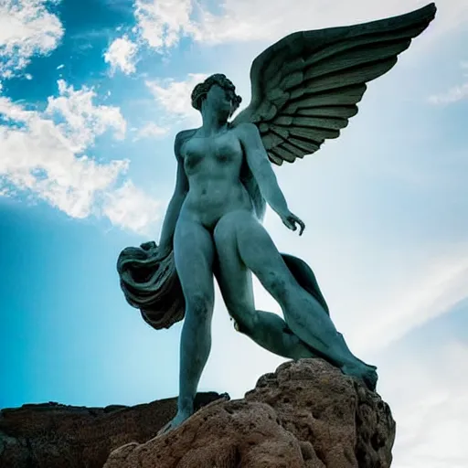 Image similar to venus, nike, the winged victory of samothrace statue made of cyan crystal on a rock in the clouds dramatic low light volumetric lighting epic towering clouds central composition stylised close up to ample soft touch lighting from the side by sunset