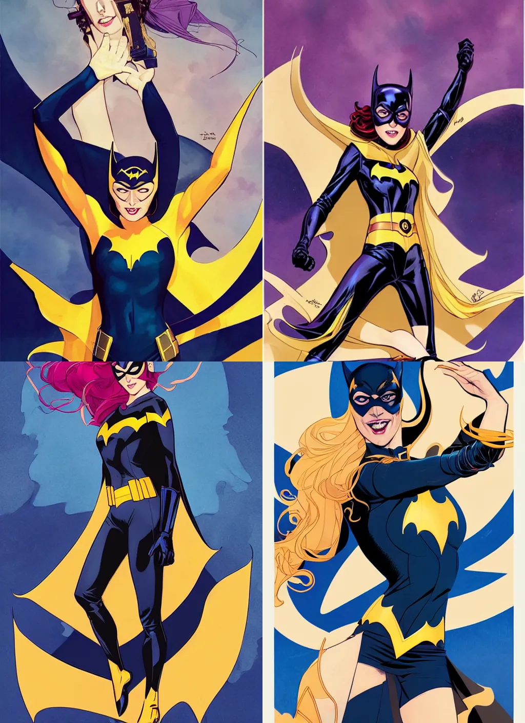 Image similar to in the style of Joshua Middleton comicbook cover art, Batgirl, fun pose Symmetrical body, smile