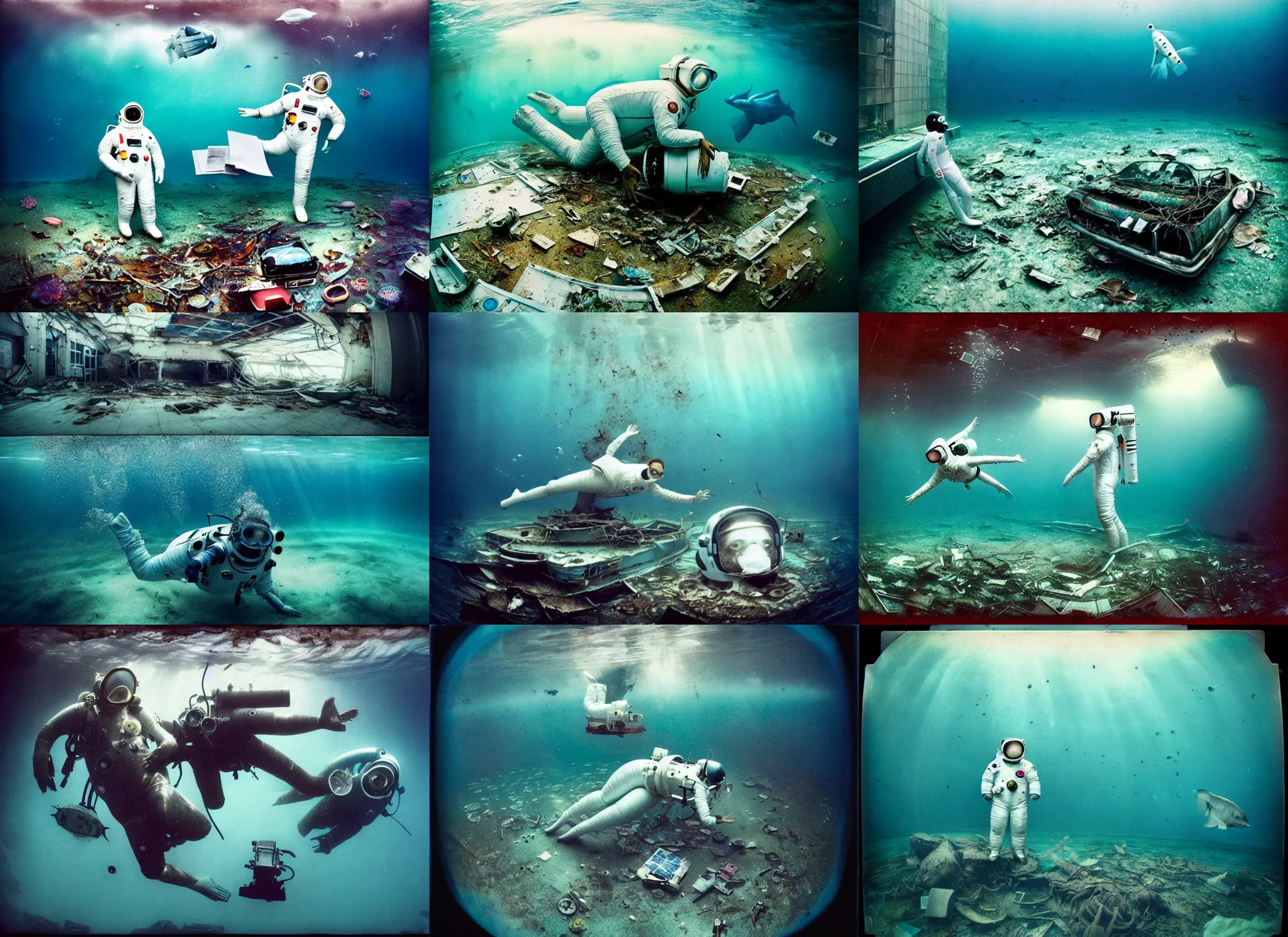 Prompt: very realistic underwater photographs of american white spacesuit chubby astronaut in postapocalyptic abandoned destroyed deep sea times square, wrecked buildings, destroyed flipped wrecked cars, underwater polaroid photo, vintage, neutral colors, underwater, by shawn heinrichs and gregory crewdson
