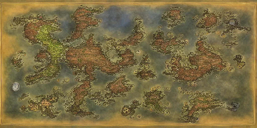 Image similar to simple fantasy map, the land of Odrua, world of Lute, by JRR TOlkien and Brian Froud, Vatican Map Room, fantasy concept painting showing kingdoms, oceans, continents