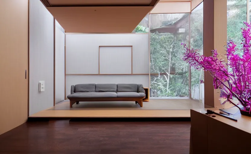 Prompt: futuristic minimalist japanese living room, japanese flower arrangements, coherent composition, architecturally accurate, architecture photography, 8 k