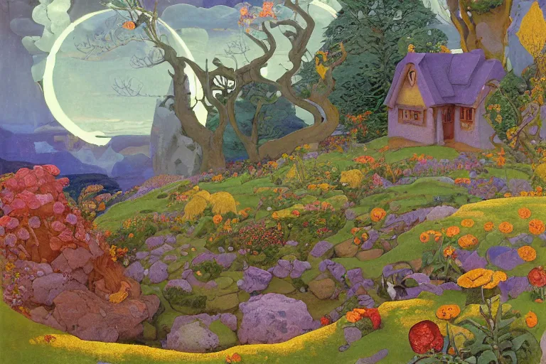 Image similar to the enchanted cottage and gardens of a wise woman on a mountaintop, dramatic cinematic lighting, folk-art carved painted wood house, rich colors, fairytale illustration, by Nicholas Roerich and William Dyce and ford madox brown and April Gornik and Caspar David Friedrich and Diego Rivera and Tyler Edlin and Ivan Bilibin