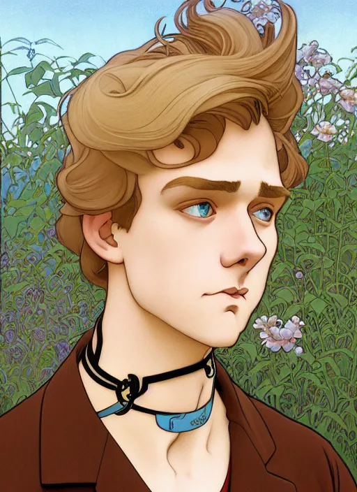 Image similar to art nouveau portrait of a pretty young man with short light brown straw blond hair, light blue eyes, sad expression, scared, head down, shy and demure, wearing a choker collar, natural lighting, path traced, highly detailed, high quality, cartoon, digital painting, by don bluth and ross tran and studio ghibli and alphonse mucha