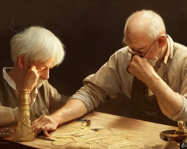 Image similar to a tired old man painting a wooden doll, deep focus, d & d, fantasy, intricate, elegant, highly detailed, digital painting, artstation, concept art, matte, sharp focus, illustration, hearthstone, art by artgerm and greg rutkowski and alphonse mucha