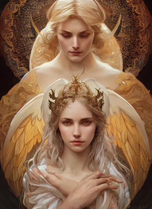 Image similar to close up portrait of beautiful angel, d & d, face, fantasy, intricate, elegant, highly detailed, digital painting, artstation, concept art, smooth, sharp focus, illustration, art by artgerm and greg rutkowski and alphonse mucha