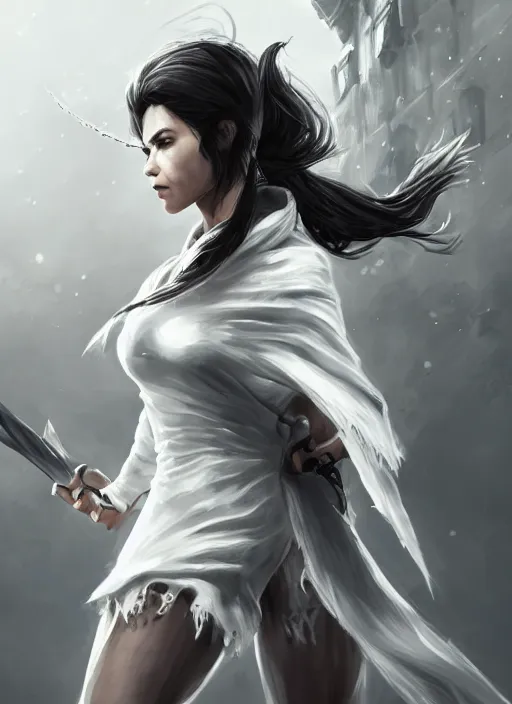 Image similar to a highly detailed illustration of fierce messy ponytail black haired one armed delinquent woman wearing long white coat cape, dramatic wielding sword pose, muscular, intricate, elegant, highly detailed, centered, digital painting, artstation, concept art, smooth, sharp focus, league of legends concept art, wlop.