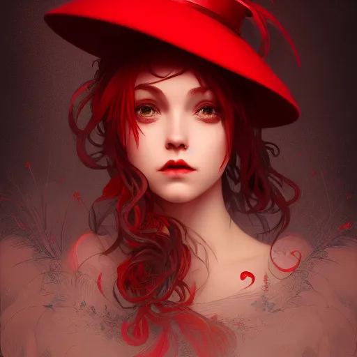 Image similar to a red hat, artstation, Grim fantasy,emotional, EOS R5, f/2.5 , illustration , concept art, award winning photograph, 8k, Alphonse Mucha style,