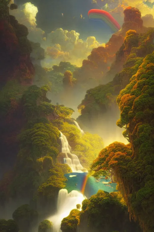 Prompt: the most wonderful dream you ever had, island in the sky with a waterfall, concept art, vivid color, complementary color, golden ratio, detailed, sharp lines, sharp focus, intricate, rainbowshift, by maxfield parrish, by peter mohrbacher, by gustave dore, by salvadore dali, deviantart, octane render