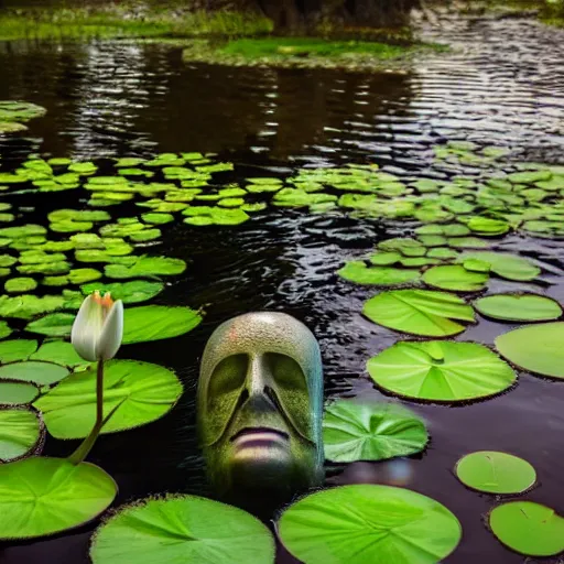 Image similar to A face submerged in shallow water surrounded by lily pads and other vegetation. The eyes are glowing and there is a hand reaching out towards you