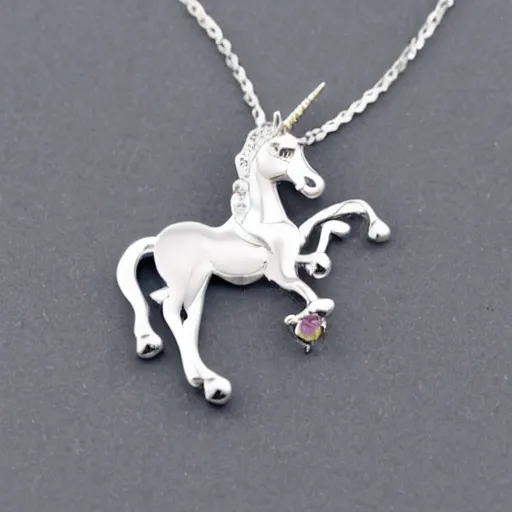 Image similar to a lovely silver cartoon unicorn necklace pendant, pandora style, tiffany style, swarovski style, van cleef & arpels style, cartier style, boucheron style, bulgari style, chaumet style, elegant, noble, stylish