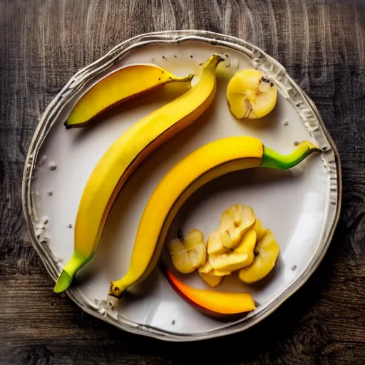 Image similar to beautiful photo of food art of sailing ship made from mango, bananas and apple pieces on a white plate, dslr