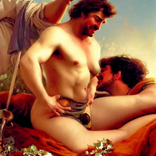 Image similar to ares tickles achilles the champion with a feather on a bed of pillows in a meadow,!!! dionysus drinks wine in the background she is smirking!!!, painting by gaston bussiere, craig mullins, j. c. leyendecker, tom of finland