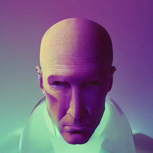 Prompt: a man's head is shown with a purple background, an album cover by beeple, cgsociety, cubo - futurism, darksynth, parallax, rendered in cinema 4 d,