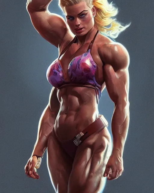 Image similar to full figure ultra realistic illustration, margot robbie as thick female bodybuilder zarya from overwatch, intricate, elegant, highly detailed, digital painting, artstation, concept art, smooth, sharp focus, illustration, art by artgerm and greg rutkowski and alphonse mucha