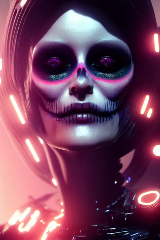 Prompt: beautiful android woman, crying eyes closed!, sharp, photorealistic cinematic, 3 d model, cyborg, postcyberpunk, blade runner, octane render, concept art, vogue, 8 k, intricate detailed environment el dia los muertos. by alexander mcqueen and kuciara and giger and mucha