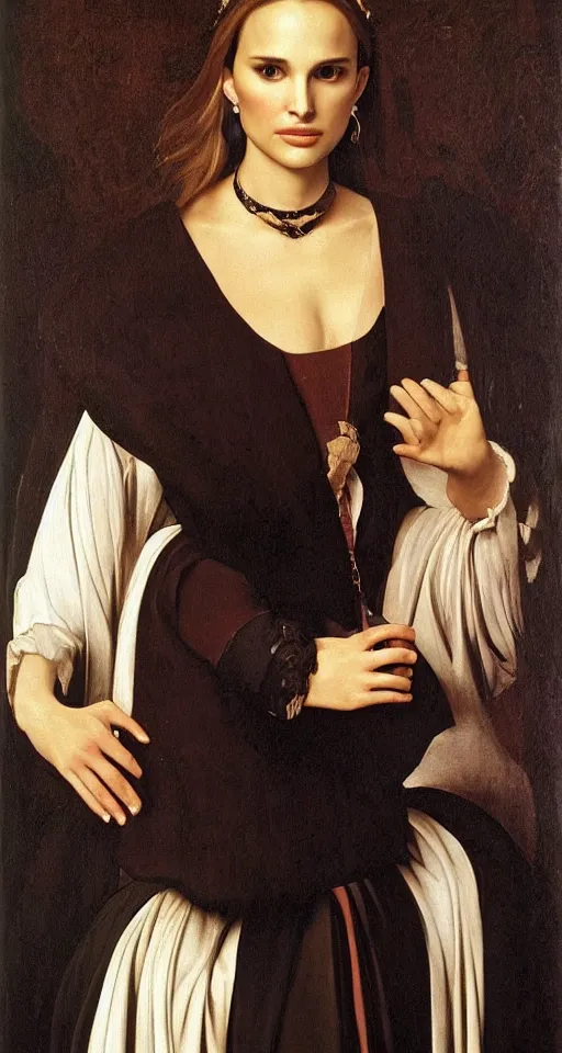 Image similar to a portrait of a Natalie Portman , beautiful clothes, oil painting in a renaissance style , very detailed, painted by Caravaggio.