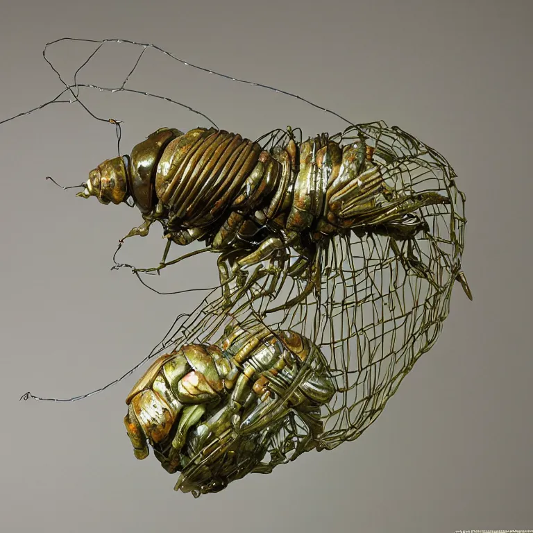 Image similar to hyperrealistic sculpture of a bronze fossilized cicada isopod in a large cage made of green plastic wire on a pedestal by ron mueck and duane hanson and lee bontecou, hyperrealistic dramatic colored lighting trending on artstation 8 k