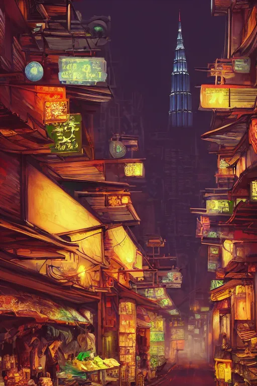 Prompt: backlane alley hawker street with kuala lumpur twin towers in the background, evening, highly detailed matte painting, studio ghibli, artstation