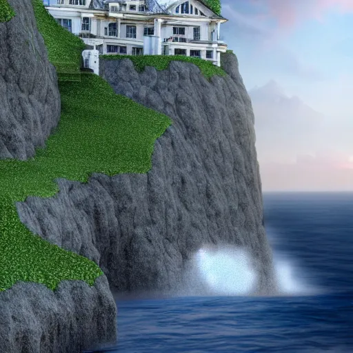 Image similar to Ultra Realistic Hyper detailed Fantasy view of a Mansion overlooking the cliffs edge where ocean waves are crashing.